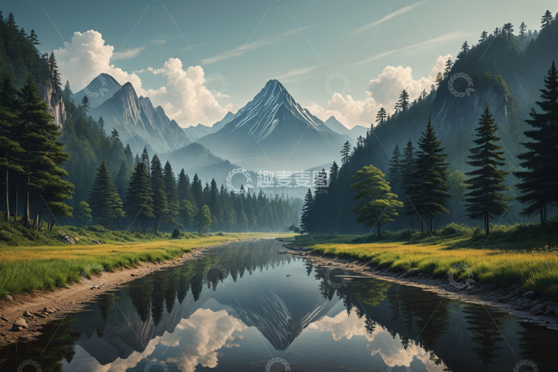高清大图下载【趣麦麦图】山林间河流与远山自然景观
