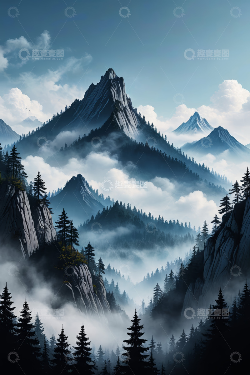 高清大图下载【趣麦麦图】云雾缭绕的山林景观