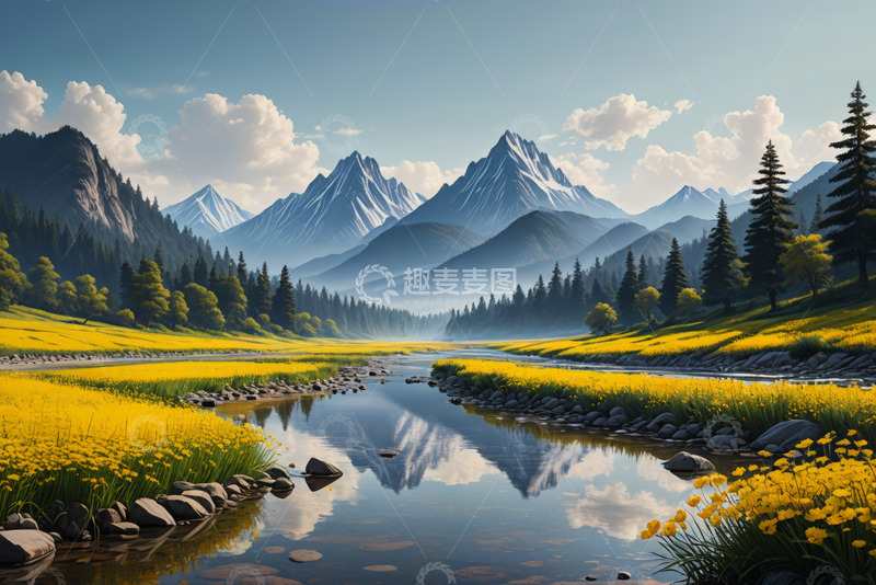 高清大图下载【趣麦麦图】山间河流旁的野花与森林景观