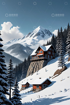 雪山下的木屋雪景