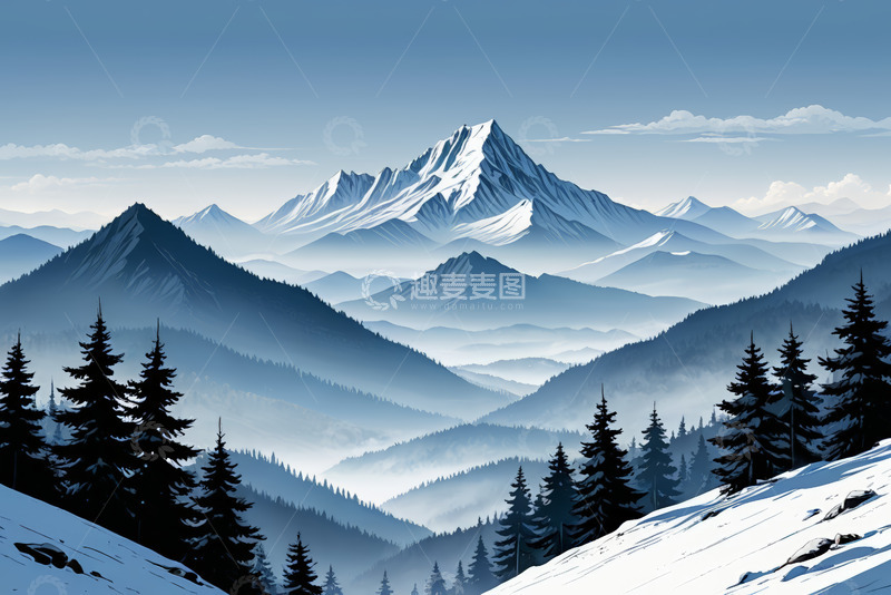 高清大图下载【趣麦麦图】雪山森林自然风光全景