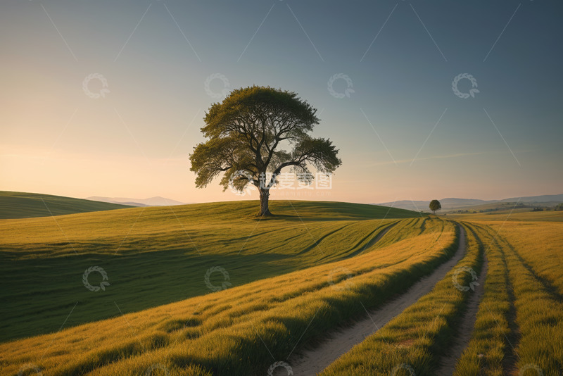 高清大图下载【趣麦麦图】原野上孤独的大树与蜿蜒小路