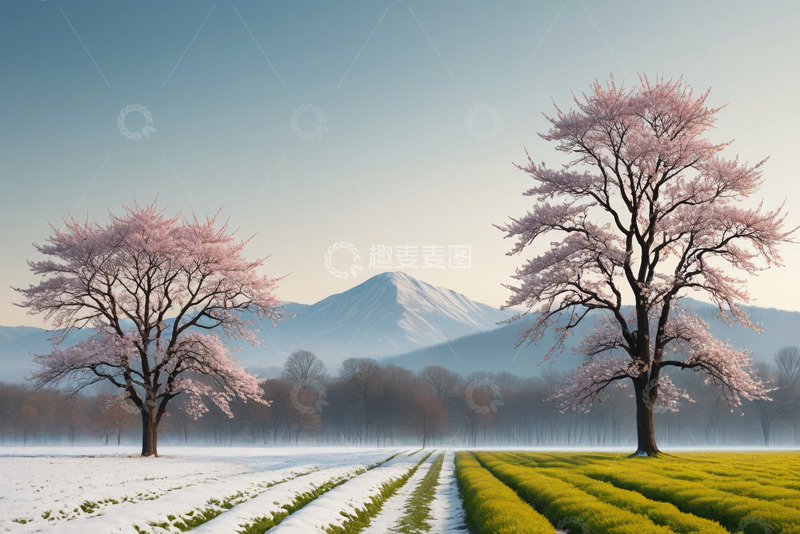 高清大图下载【趣麦麦图】田野雪山间绽放的樱花树