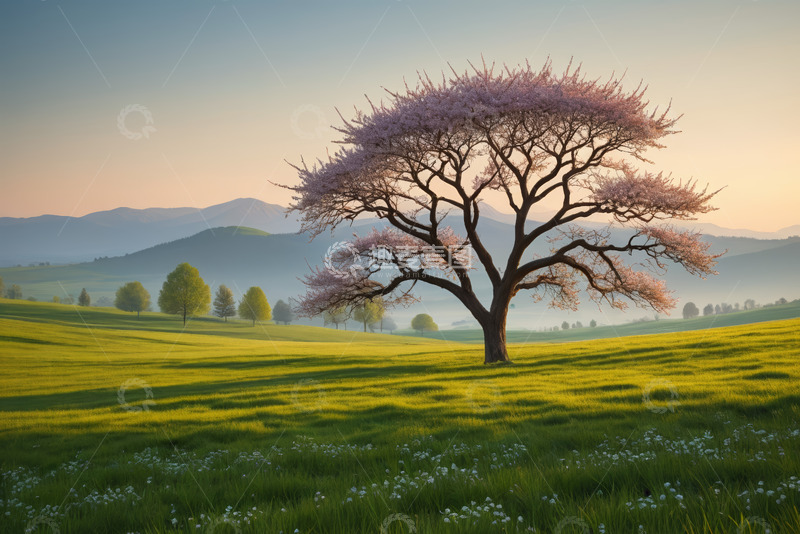 高清大图下载【趣麦麦图】原野中盛开的繁花大树