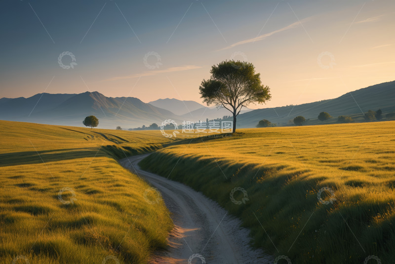 高清大图下载【趣麦麦图】田野间蜿蜒小路与孤树风景
