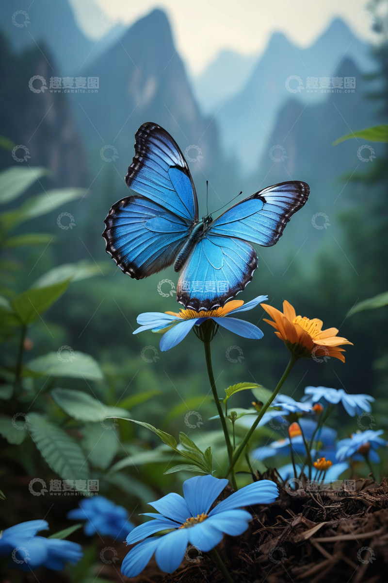 高清大图下载【趣麦麦图】蓝蝴蝶停留在花朵上的自然场景