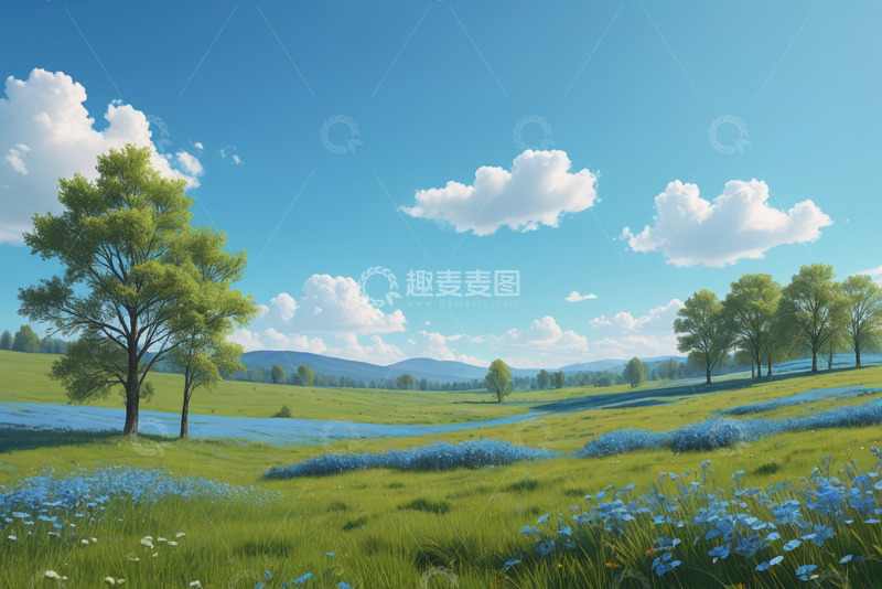 高清大图下载【趣麦麦图】户外草原蓝天白云风景