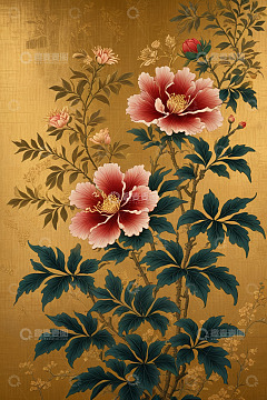 金色背景中式牡丹花卉图案