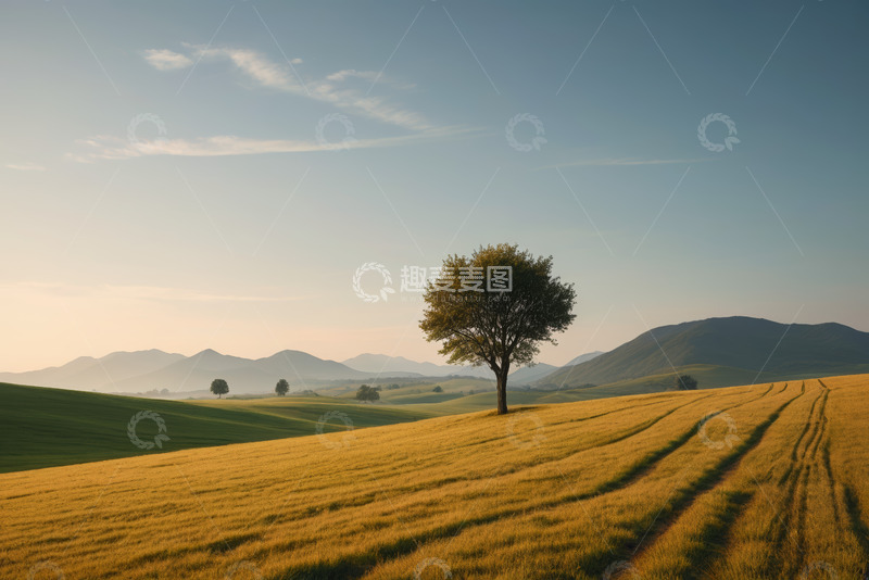 高清大图下载【趣麦麦图】田野中孤树与远山风景