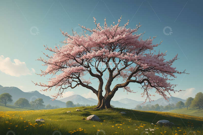 高清大图下载【趣麦麦图】原野上盛开的粉色樱花树