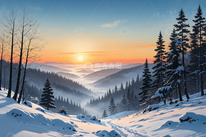 高清大图下载【趣麦麦图】雪后山林日出全景