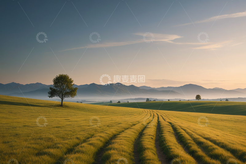 高清大图下载【趣麦麦图】田野山丘间的孤树自然风光