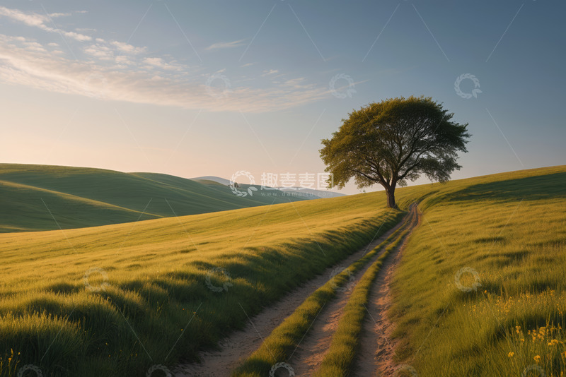 高清大图下载【趣麦麦图】原野间孤树旁的乡间小路