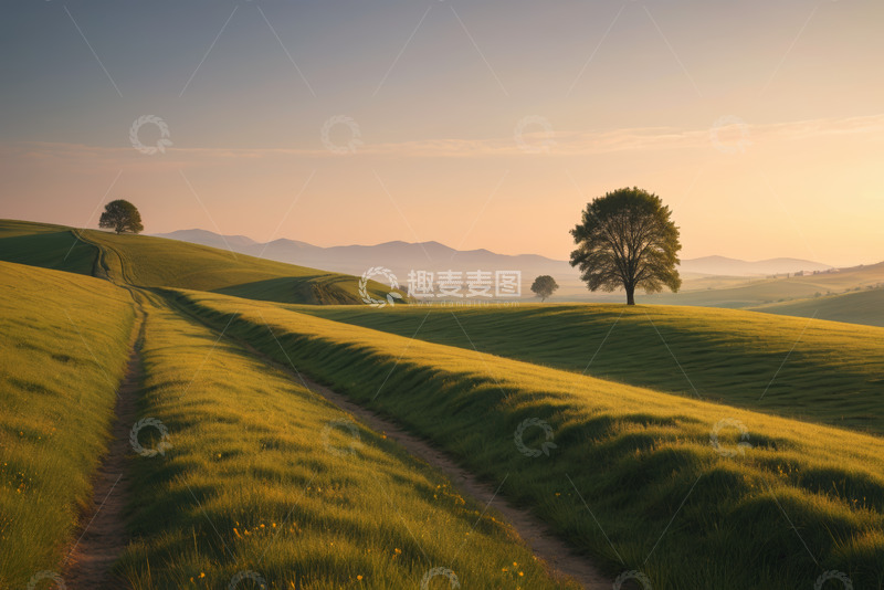 高清大图下载【趣麦麦图】田园草地树木黄昏风景