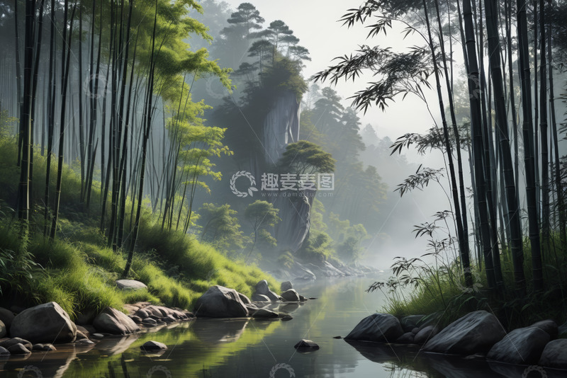 高清大图下载【趣麦麦图】竹林河畔自然风光