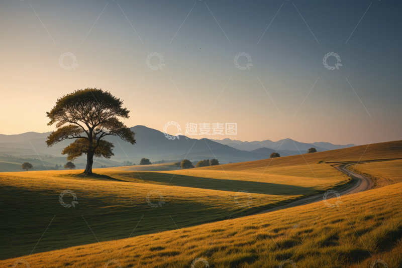 高清大图下载【趣麦麦图】原野中的孤树与蜿蜒小路