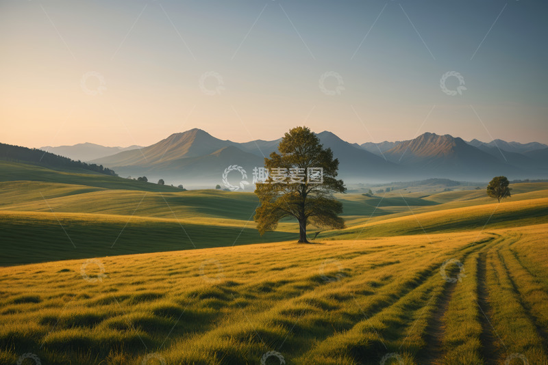 高清大图下载【趣麦麦图】草原上孤独的树木与远山风景