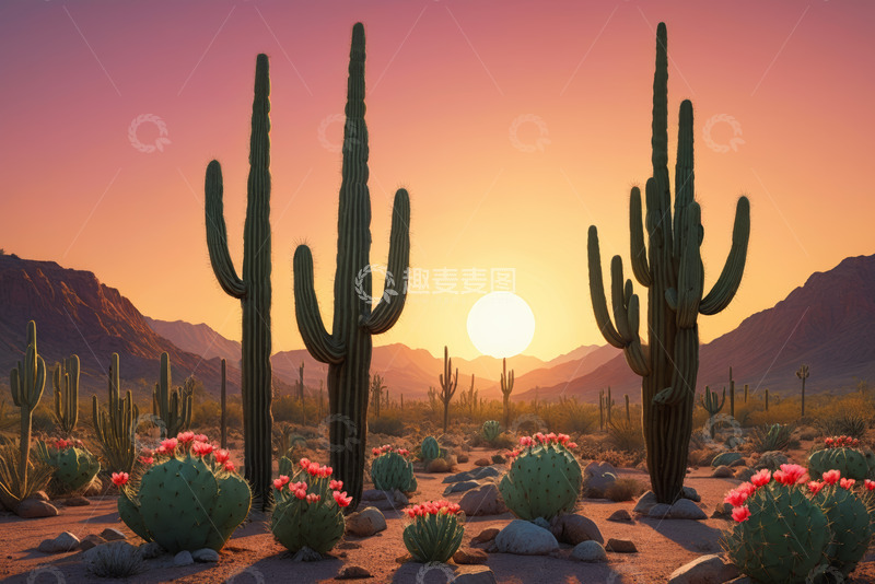 高清大图下载【趣麦麦图】沙漠夕阳下的仙人掌景观