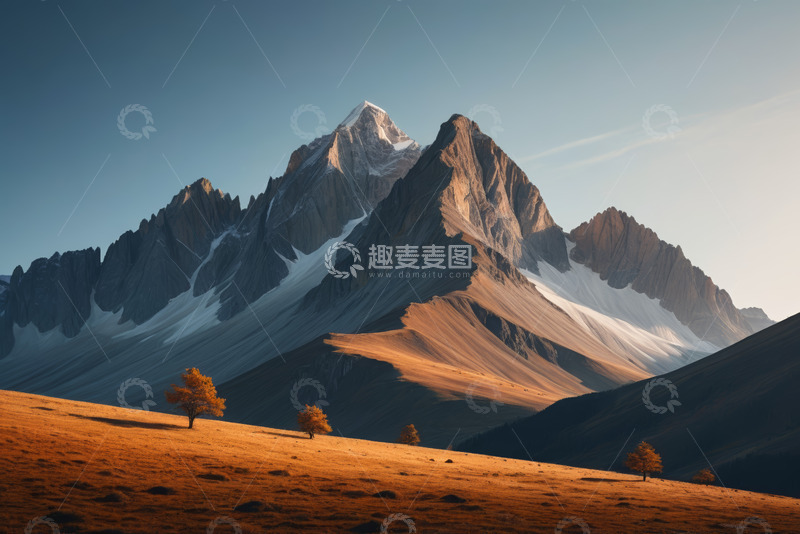 高清大图下载【趣麦麦图】壮丽雪山与金黄草地景观