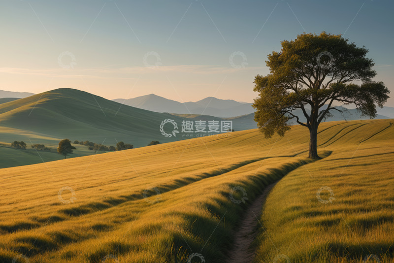 高清大图下载【趣麦麦图】田野中孤树与蜿蜒小路风景