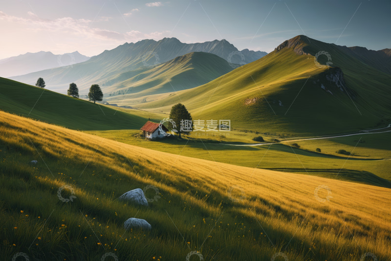 高清大图下载【趣麦麦图】山间草原小屋风景