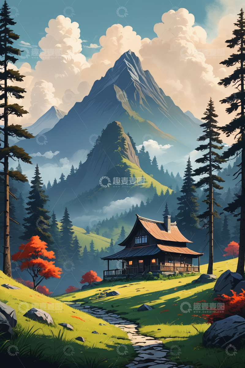 高清大图下载【趣麦麦图】山间森林中的木屋风景