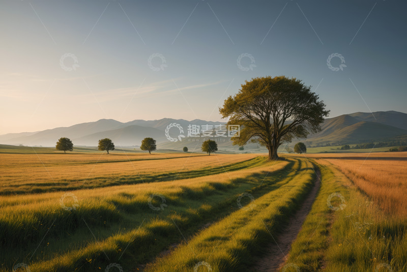 高清大图下载【趣麦麦图】田野间孤树与远山风景