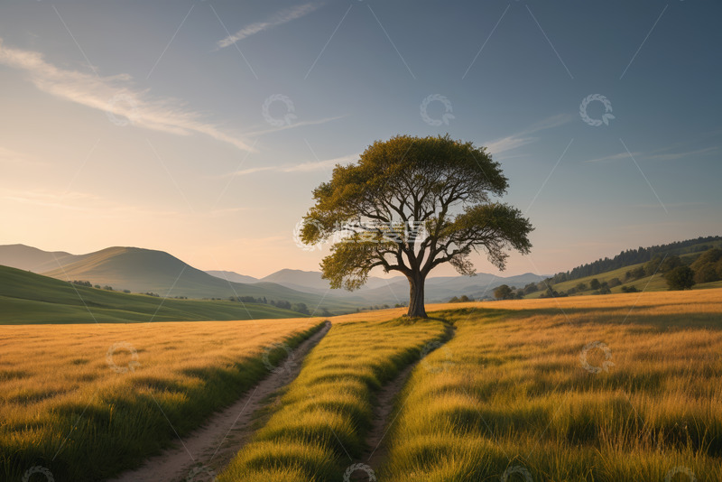 高清大图下载【趣麦麦图】原野中孤独大树与蜿蜒小路