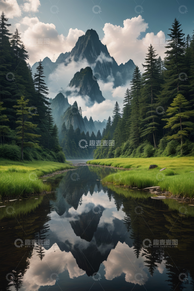 高清大图下载【趣麦麦图】山林间河流与云雾缭绕的山峰