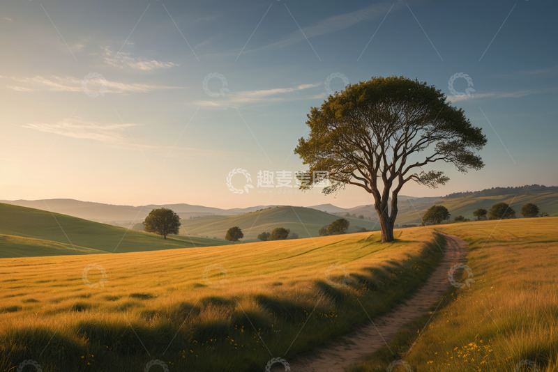 高清大图下载【趣麦麦图】原野中孤独树木与蜿蜒小路
