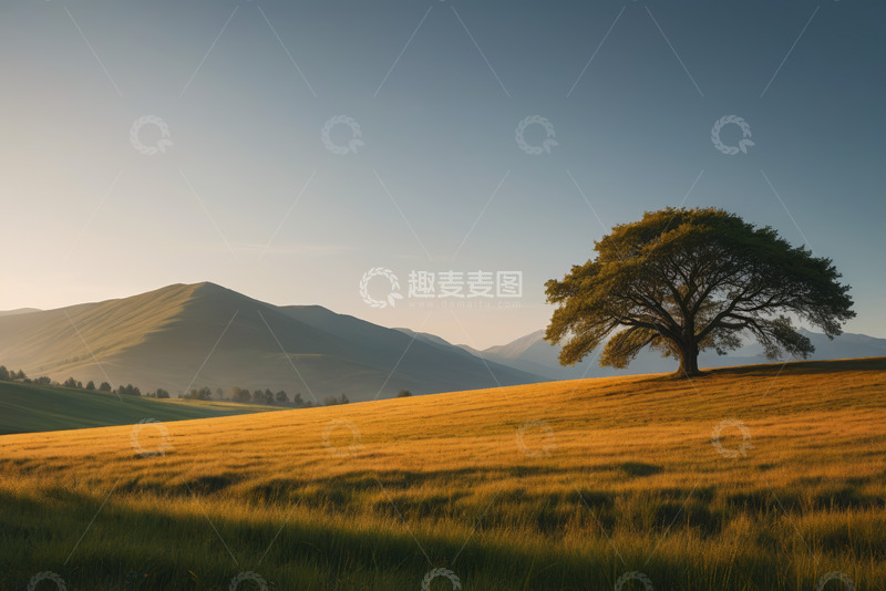 高清大图下载【趣麦麦图】草原上的孤树与远山风景