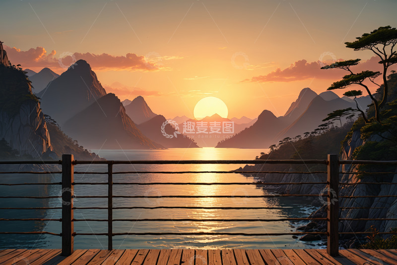 高清大图下载【趣麦麦图】山水间日落风景