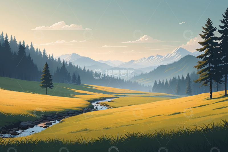 高清大图下载【趣麦麦图】山林间的开阔草地与溪流风景