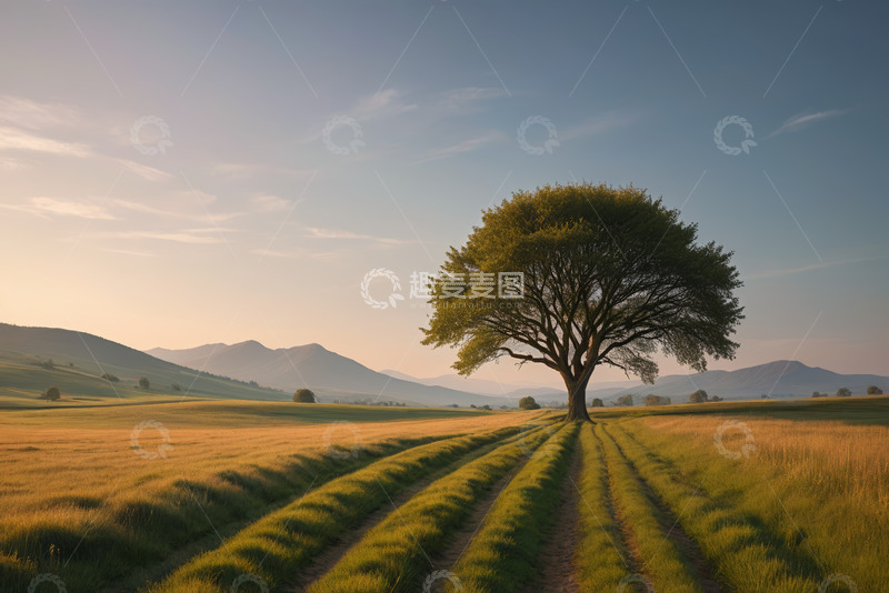 高清大图下载【趣麦麦图】田野中独树与远山风景
