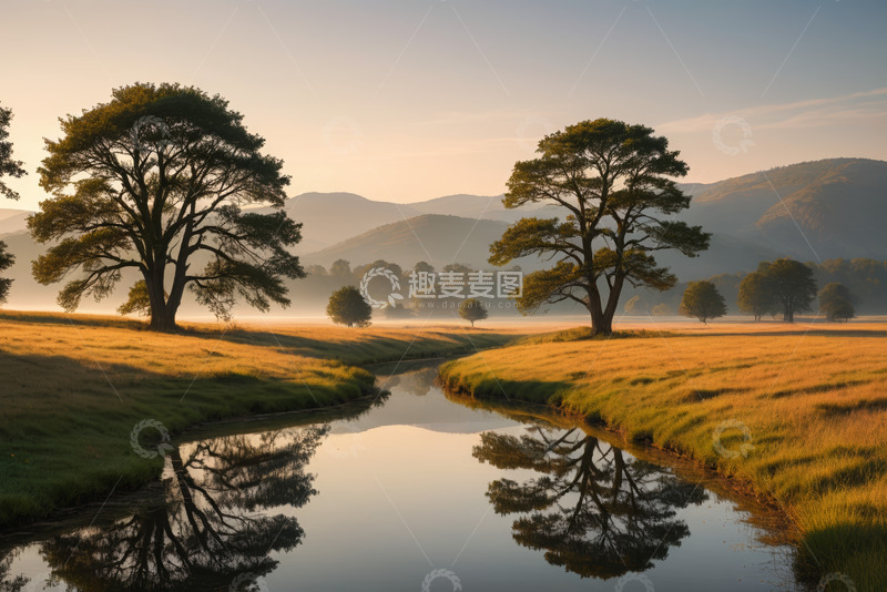 高清大图下载【趣麦麦图】清晨原野河流与树木景观