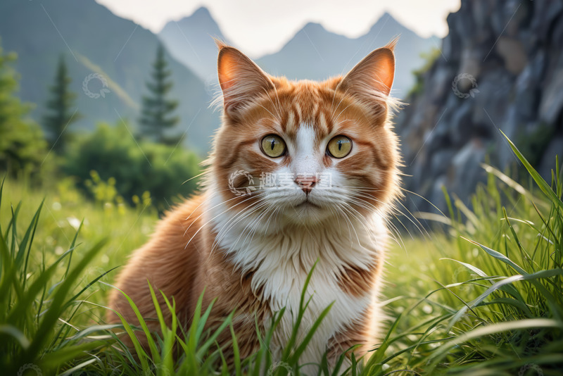 高清大图下载【趣麦麦图】草地上的橘白相间猫咪