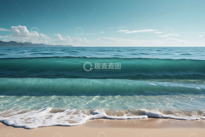 高清大图下载【趣麦麦图】海滩海浪与远处山峦风景
