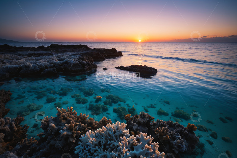 高清大图下载【趣麦麦图】海边日落时分的珊瑚礁景观