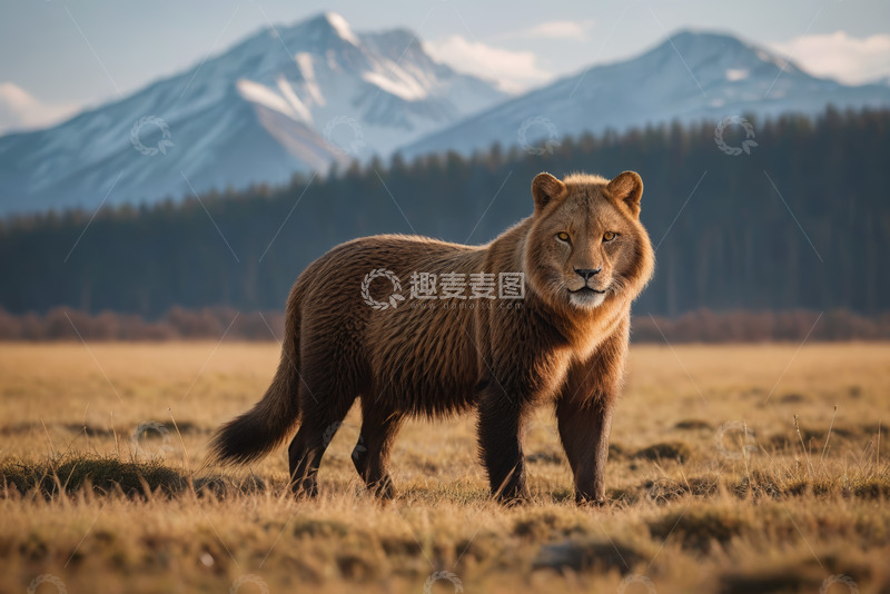 高清大图下载【趣麦麦图】草原上的狮子与雪山背景