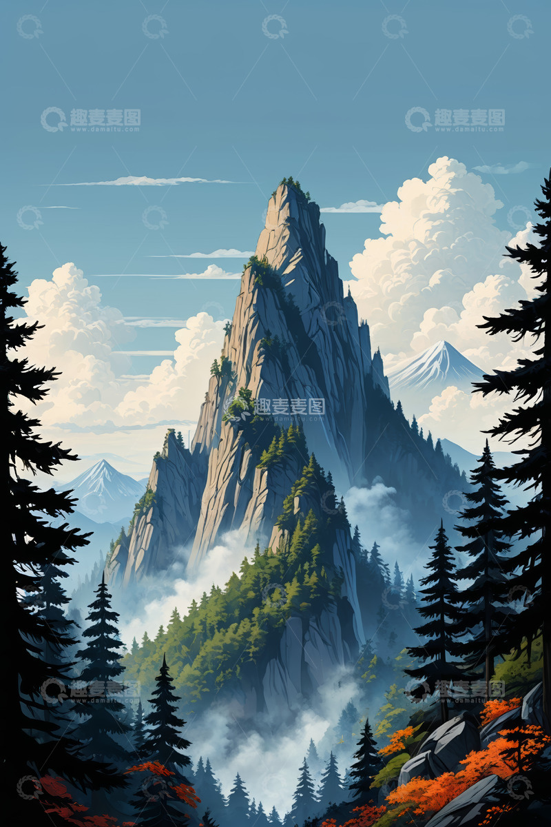 高清大图下载【趣麦麦图】山林间巍峨山峰自然景观