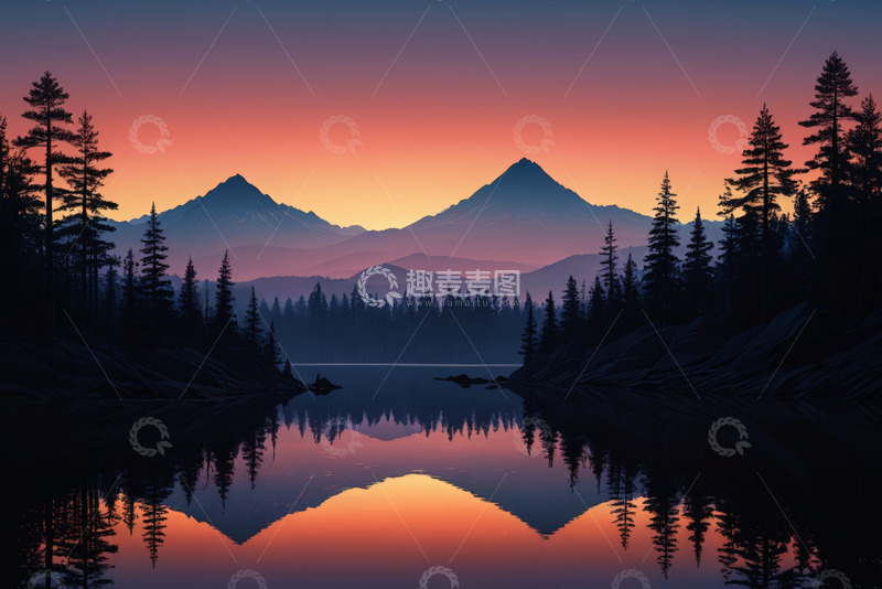 高清大图下载【趣麦麦图】山林湖泊日落全景