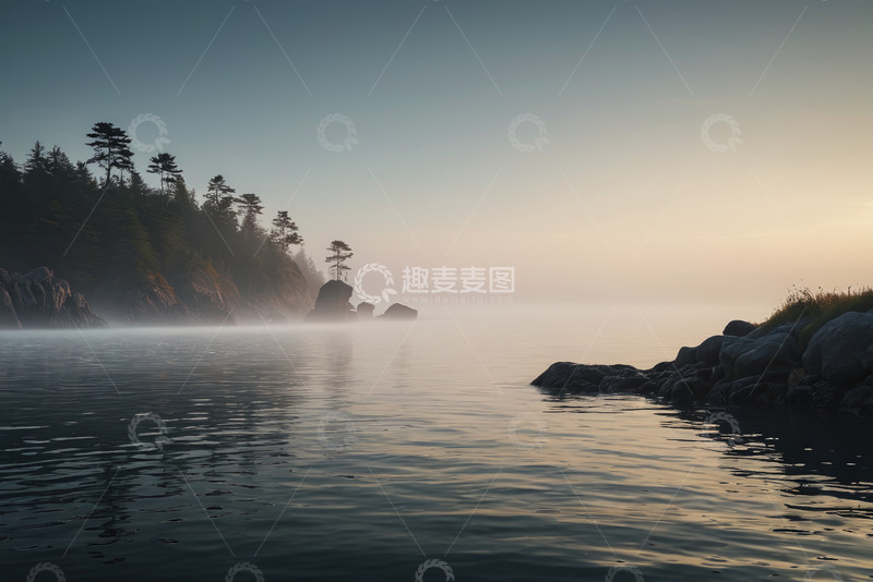 高清大图下载【趣麦麦图】湖畔晨雾中的树木与岩石景观