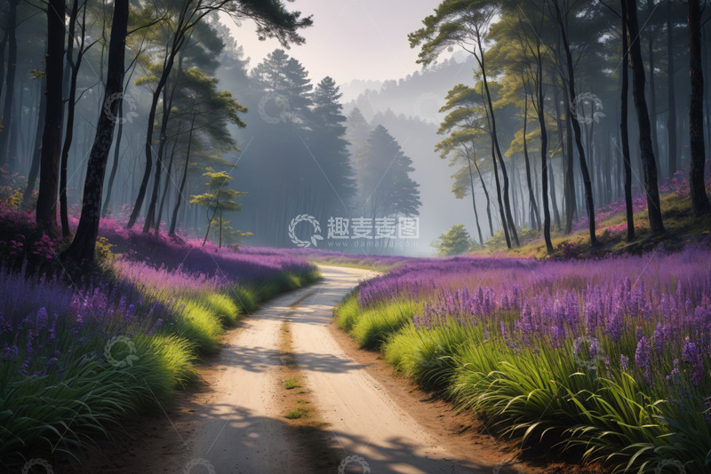 高清大图下载【趣麦麦图】林间小道旁紫色花卉与茂密森林