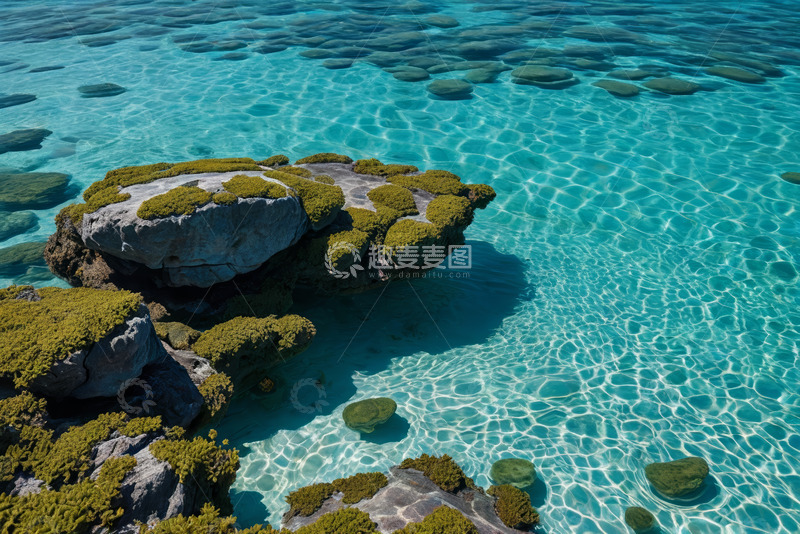 高清大图下载【趣麦麦图】清澈海水中的岩石与绿植