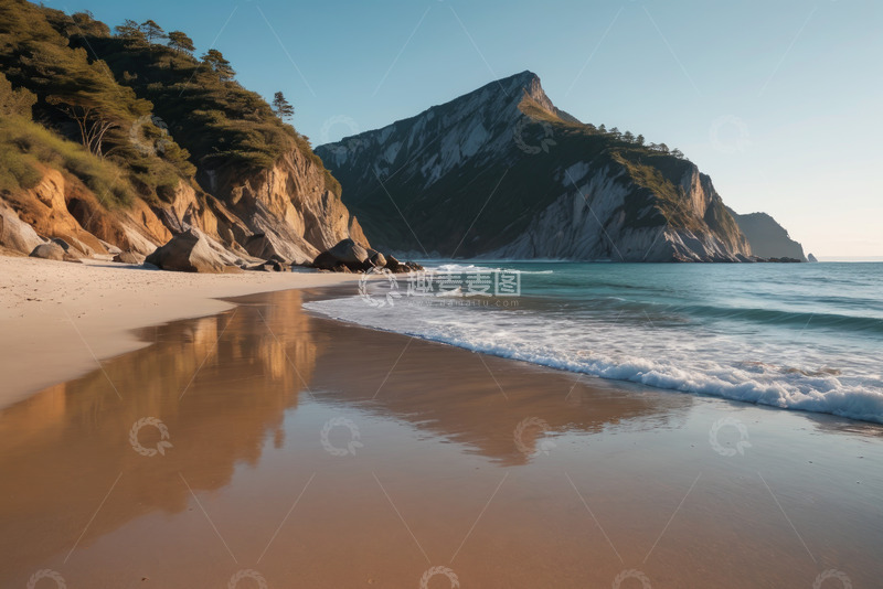 高清大图下载【趣麦麦图】海滩边的山景与海浪景观