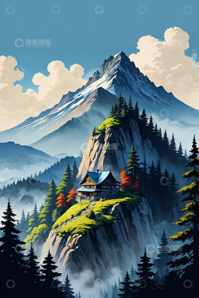 高清大图下载【趣麦麦图】山间悬崖上的小屋风景