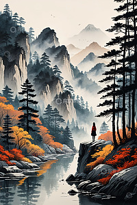 山林间人物赏景自然风光