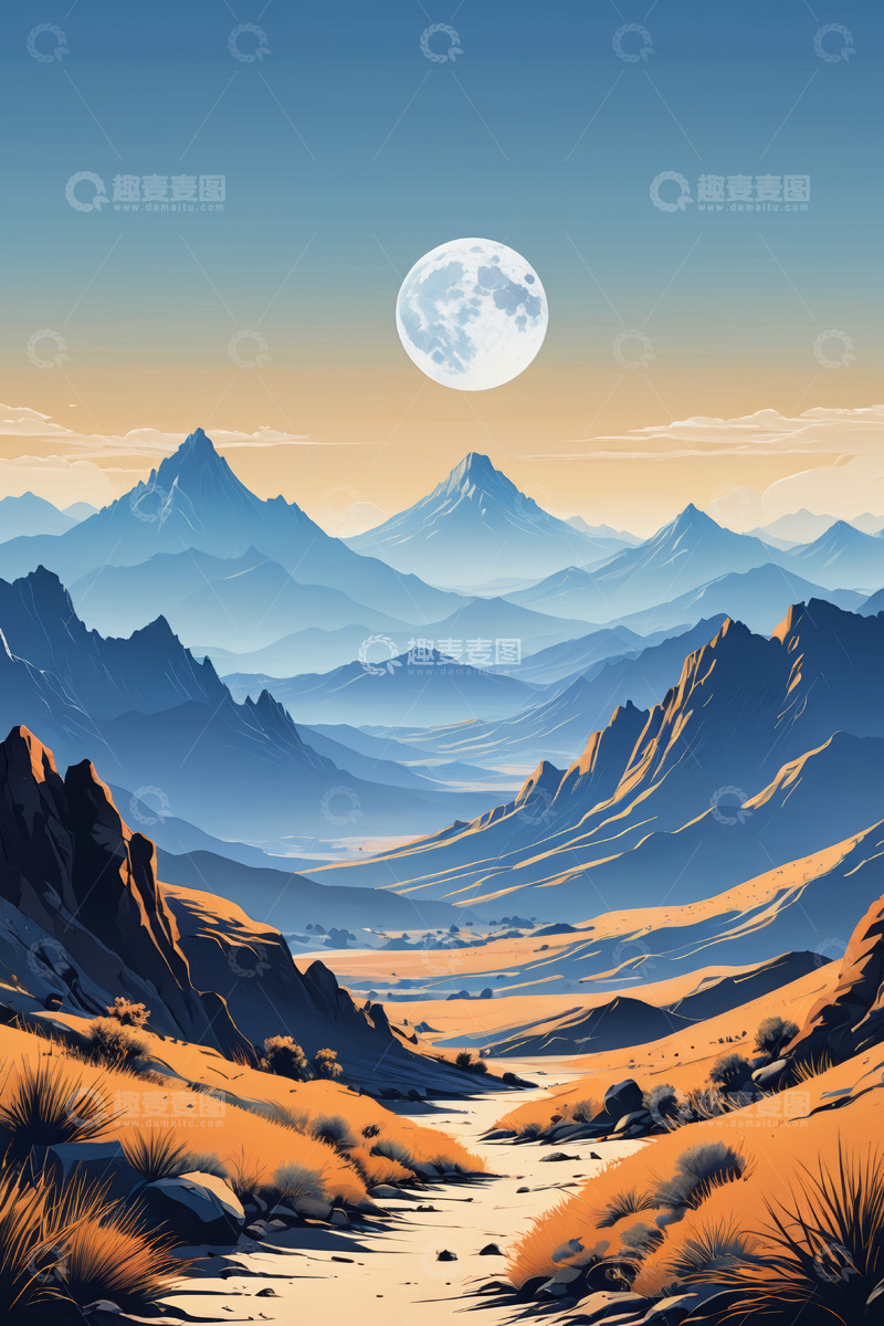 高清大图下载【趣麦麦图】山间月夜风光全景