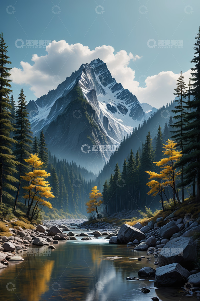 高清大图下载【趣麦麦图】山间河流与森林雪山景观