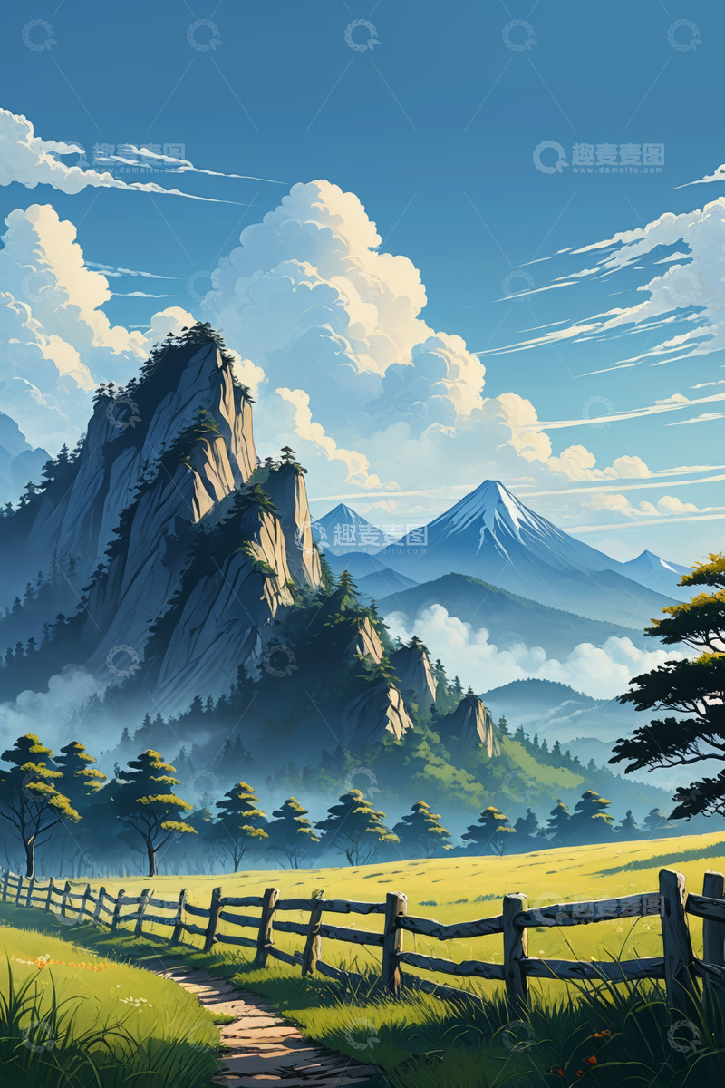 高清大图下载【趣麦麦图】山间草地与木栅栏风景